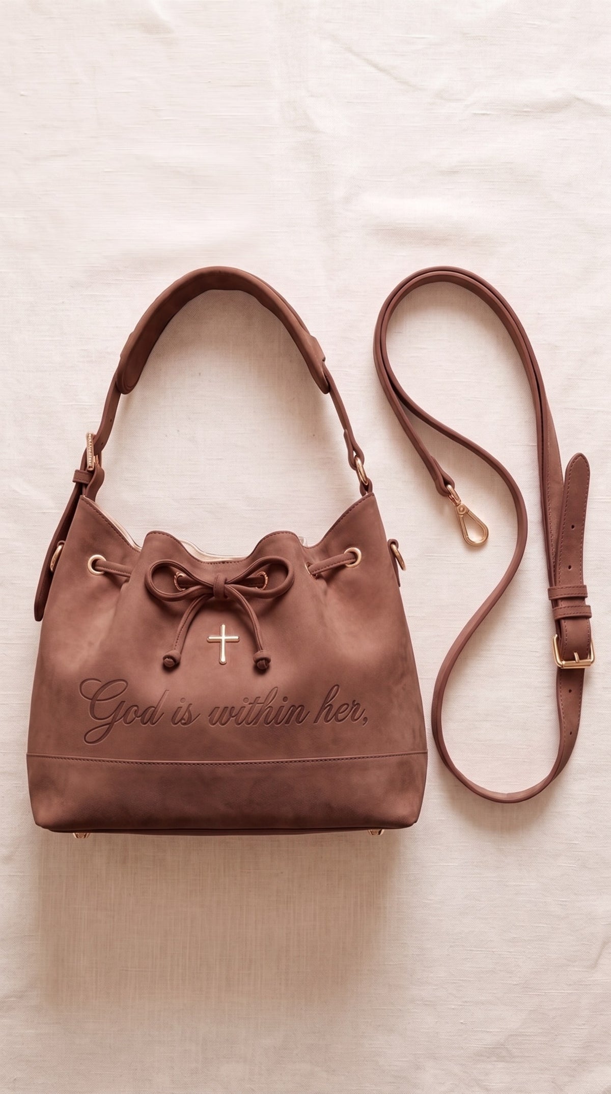 Brown 46:5 Bag laid flat with its shoulder strap and crossbody strap