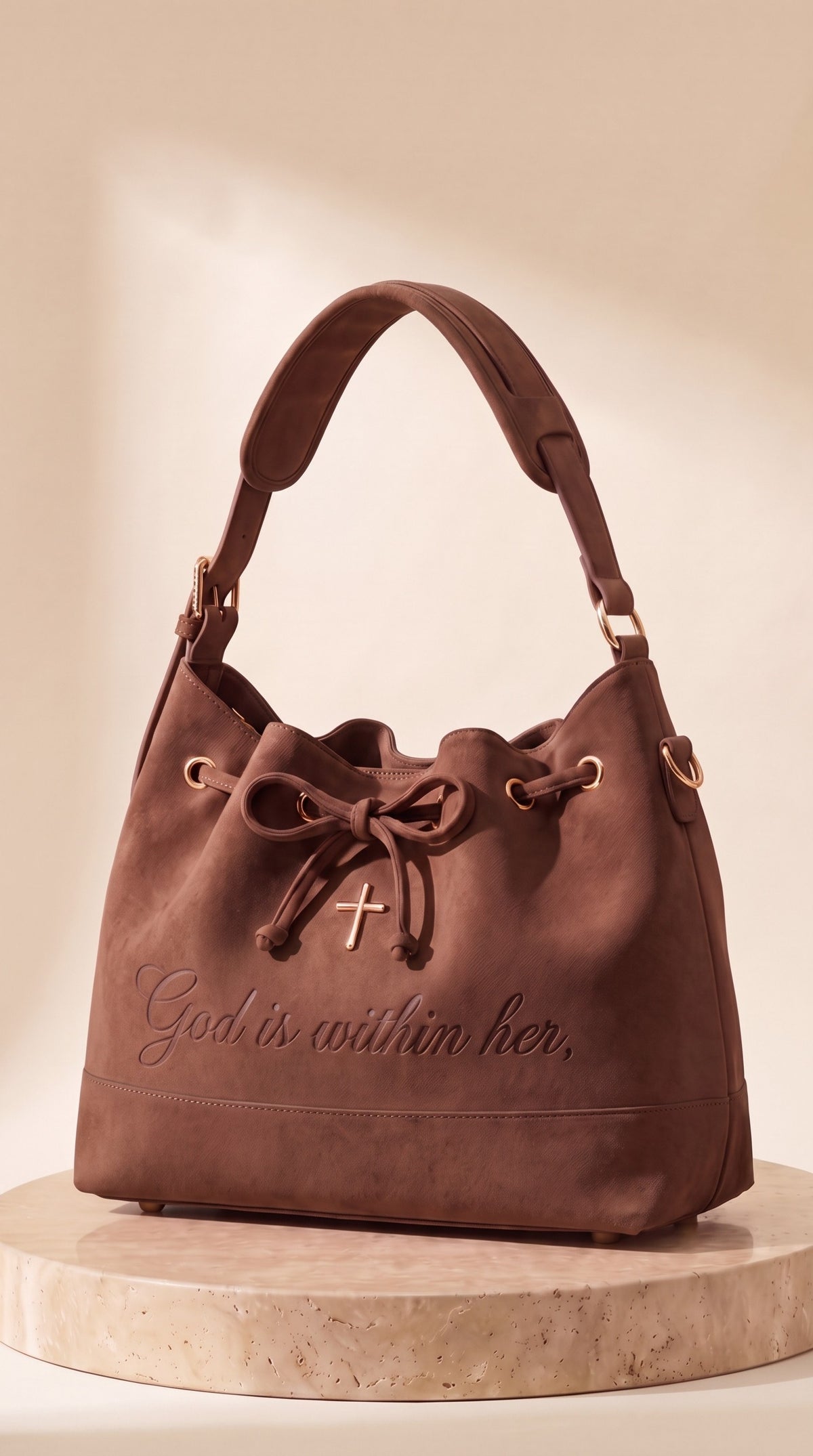 The 46:5 Bag in brown suede with a rose-gold cross and "God is within her," debossed on the front