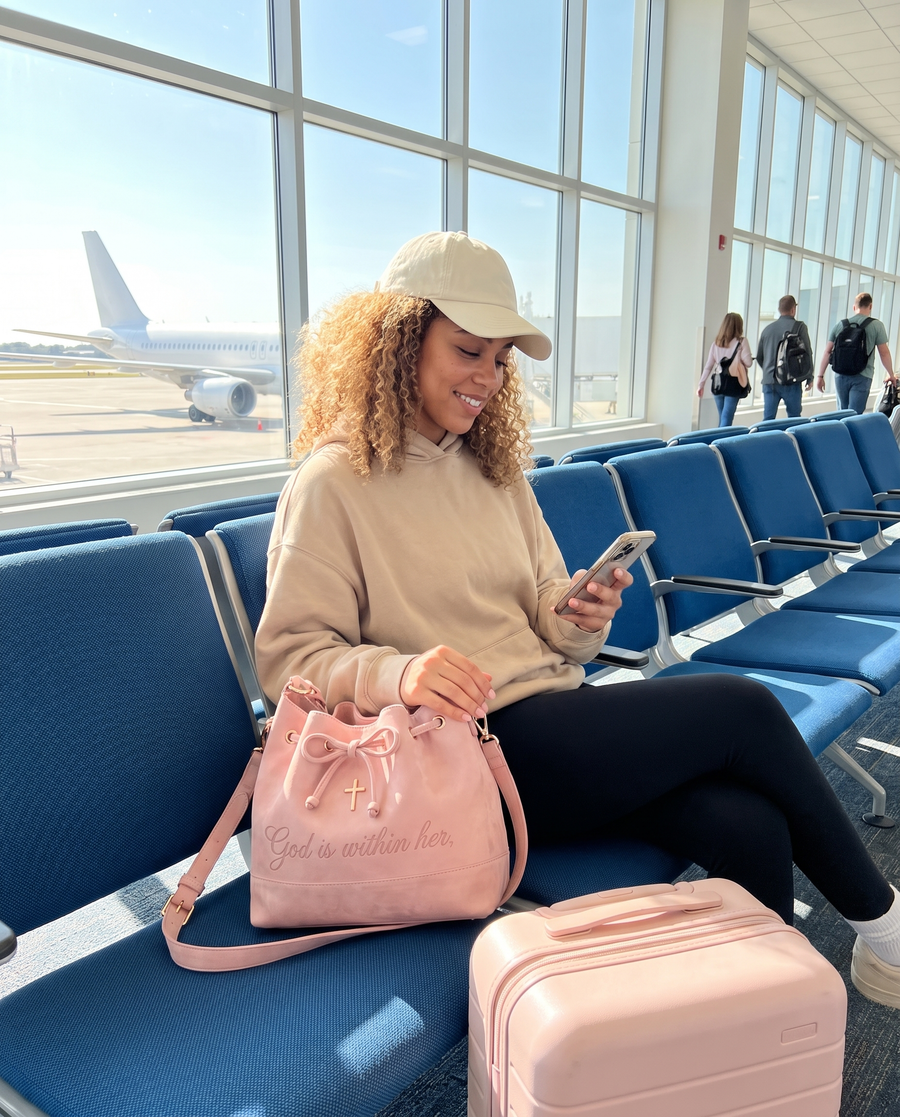 Waiting at an airport gate with the bag and a pink carry-on
