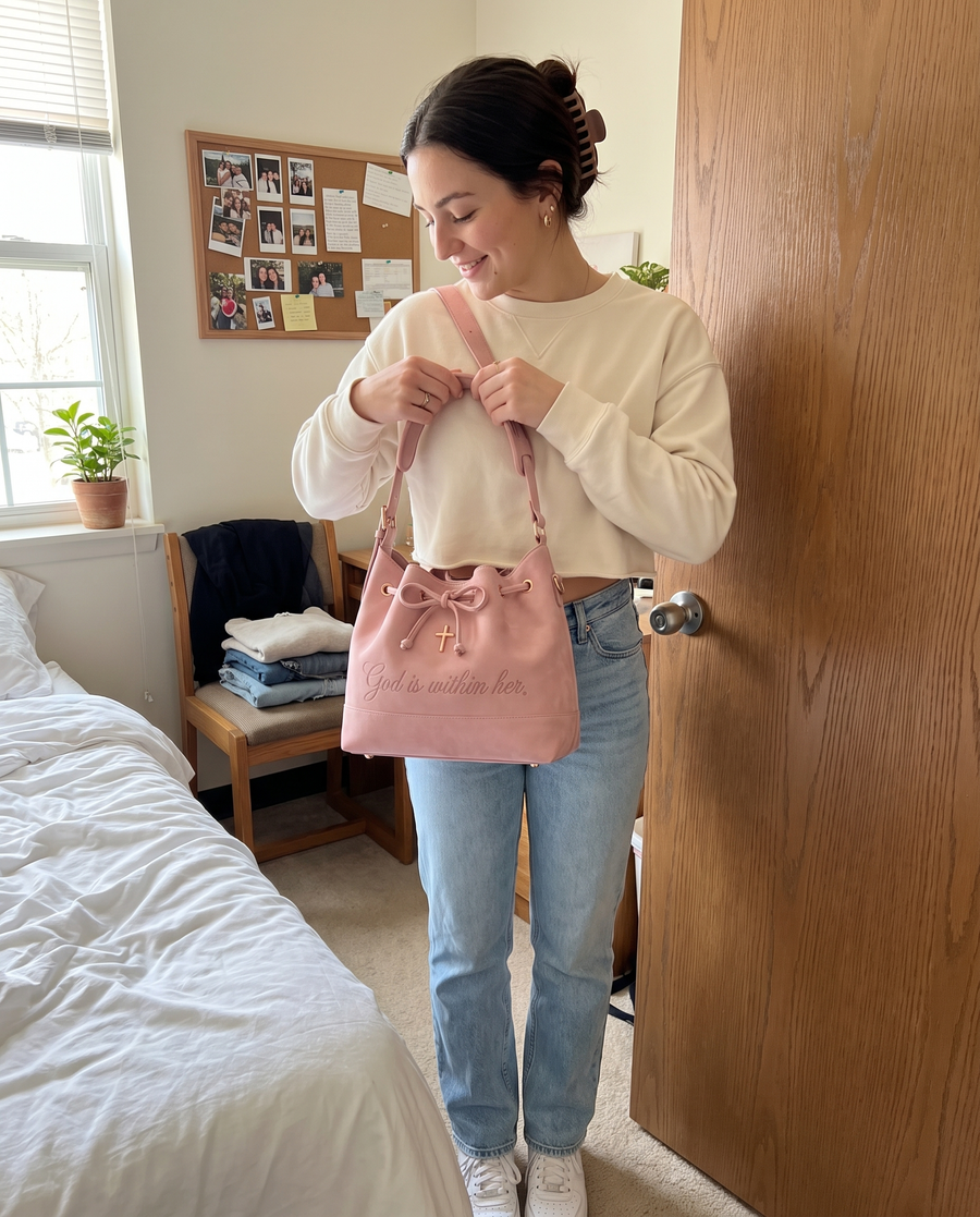 Adjusting the bag on her shoulder before heading out to class