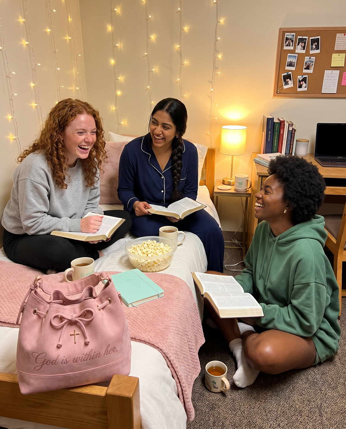 Three friends laughing over open Bibles in a dorm room, the pink bag on the bed