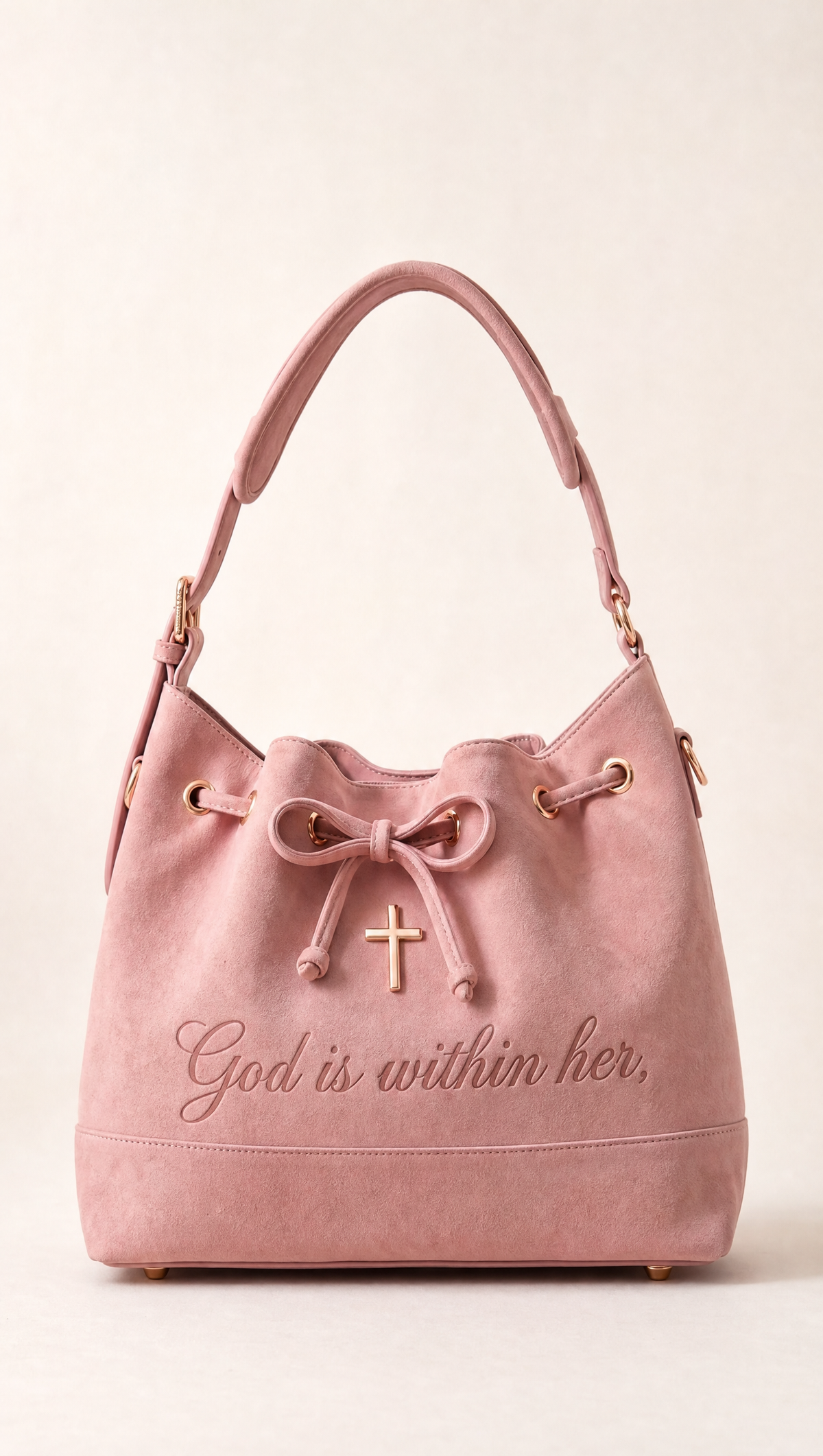 The 46:5 Bag: blush pink suede Christian bucket bag with a bow, rose-gold cross and "God is within her," debossed on the front