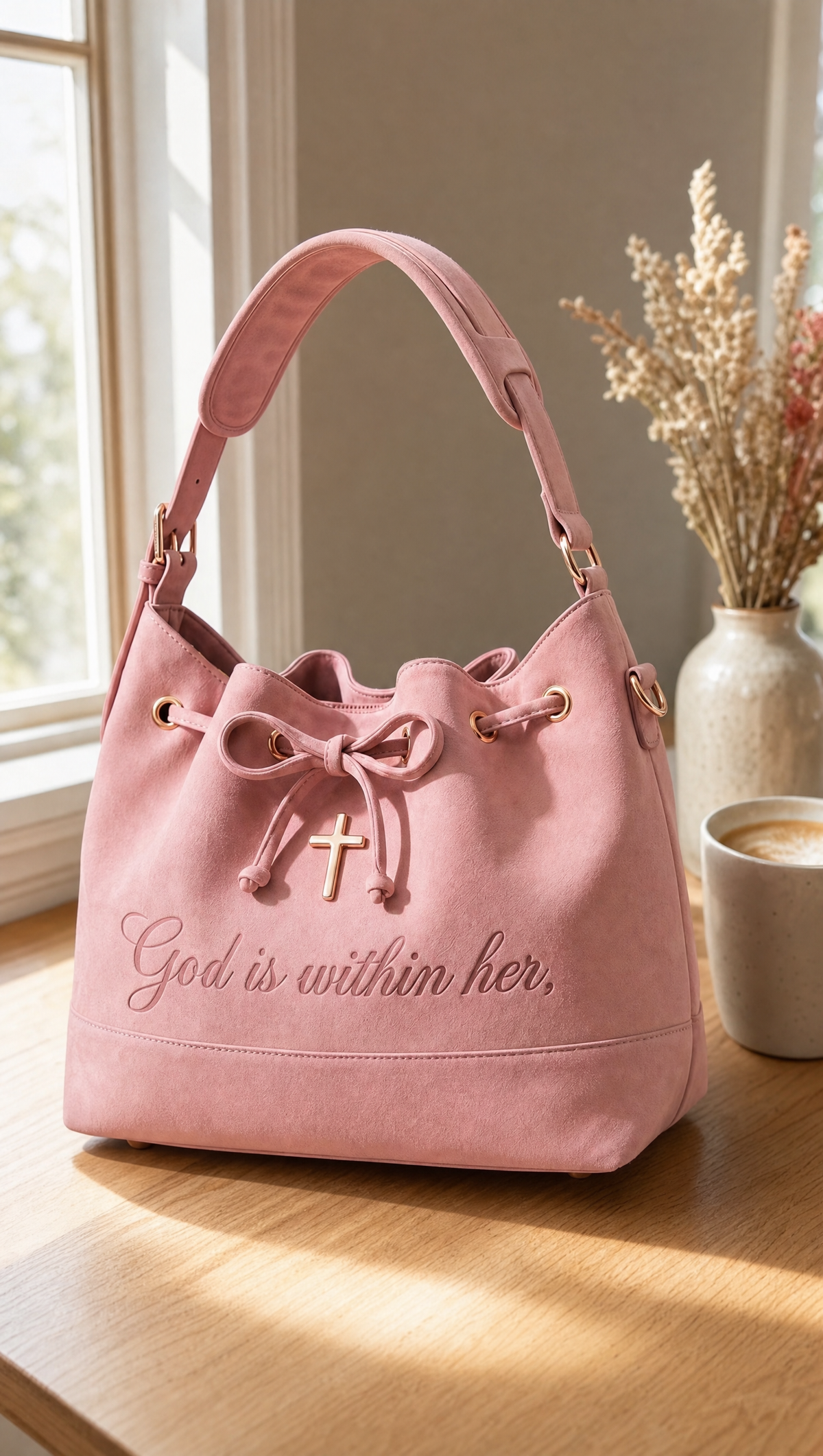 Pink suede Christian bag on a wooden table by the window