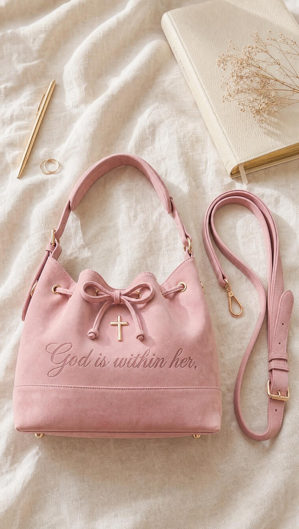 Pink 46:5 Bag laid flat with its detachable crossbody strap, a Bible and a gold pen
