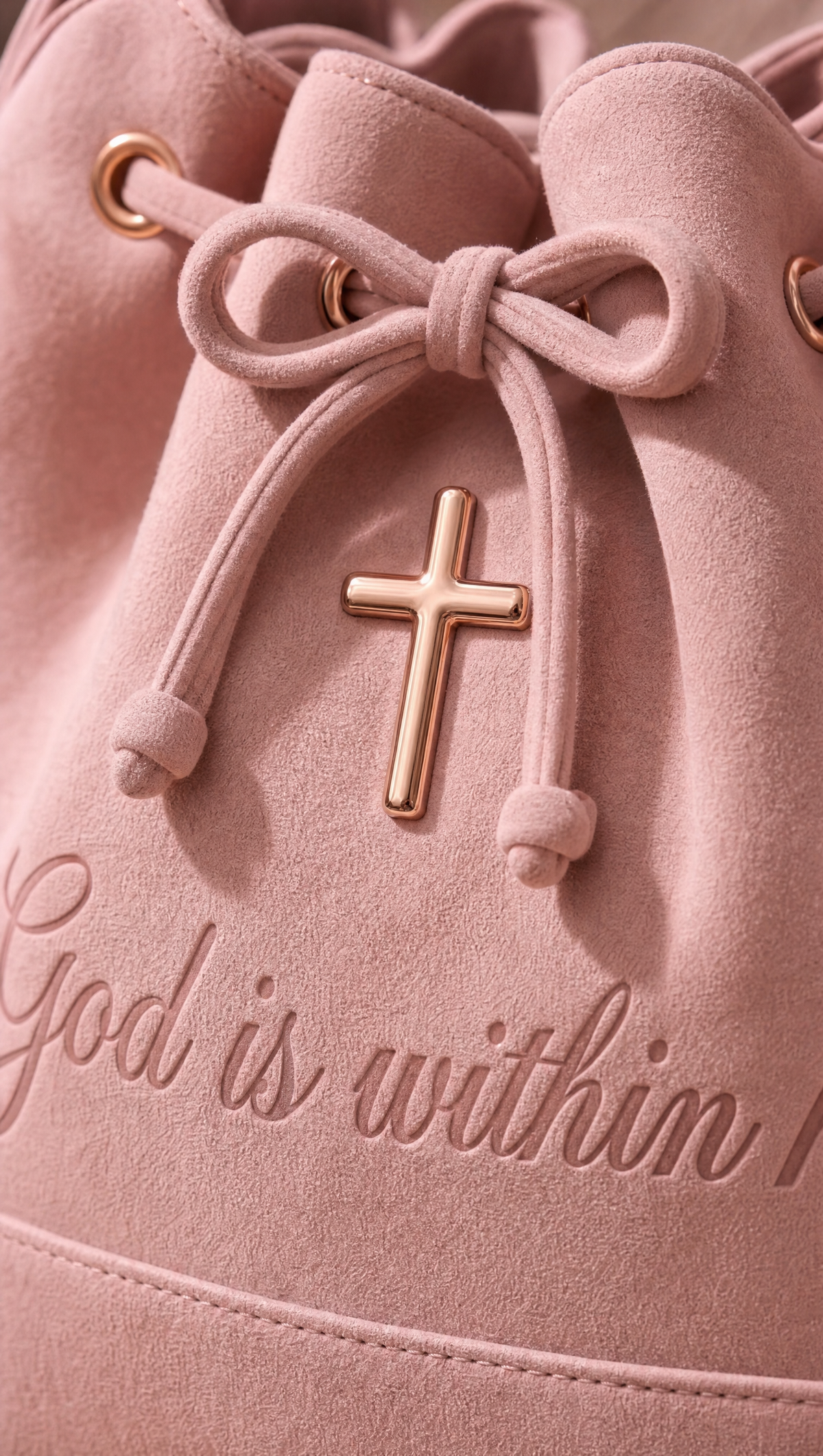 Close-up of the rose-gold cross and debossed 'God is within her' script on pink suede