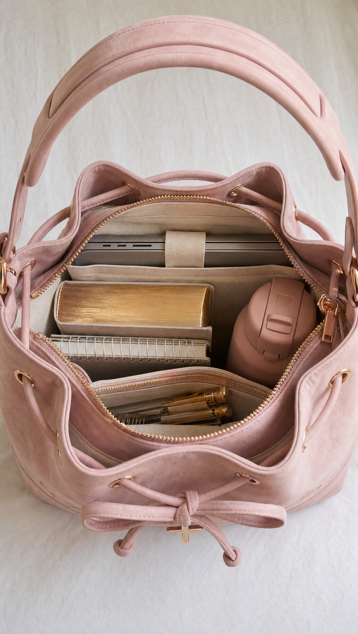 Inside the pink Christian bag: a 14-inch laptop, Bible, notebook, water bottle and pens
