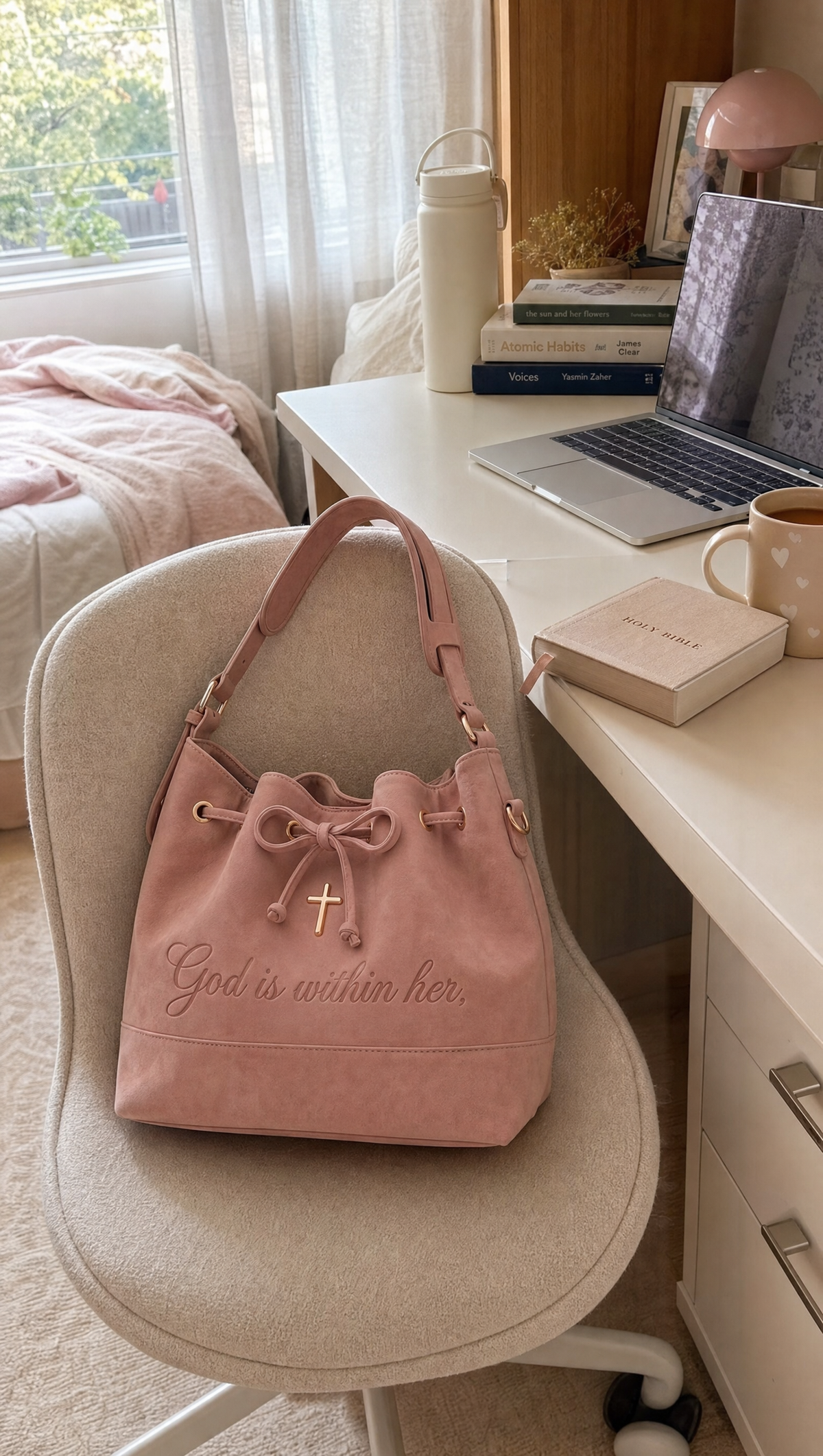 Pink 46:5 Bag on a desk chair in a dorm room next to a laptop and Bible